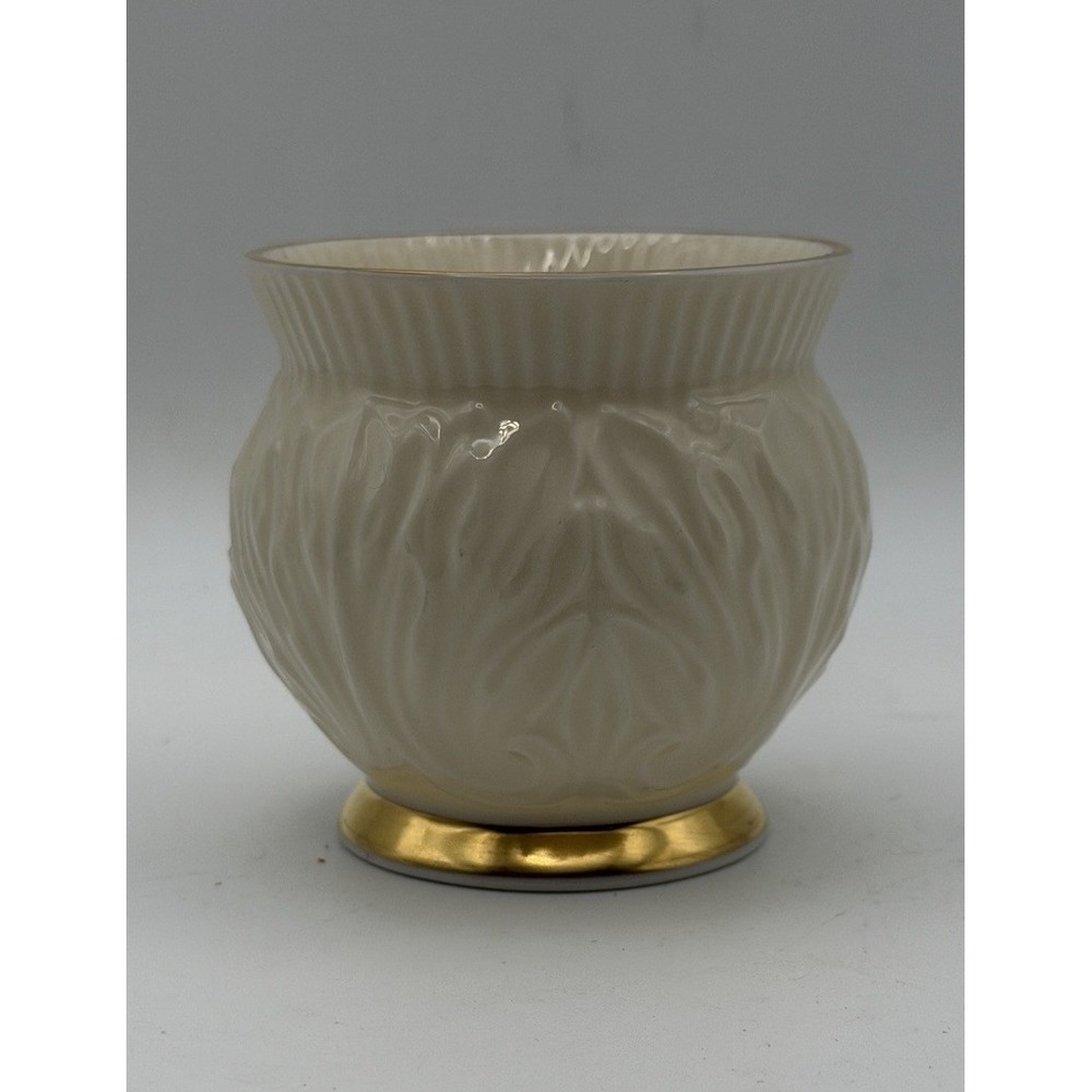 Vintage Lenox Ivory Porcelain Cachepot Planter Gold Trim Leaf Design USA 3"
